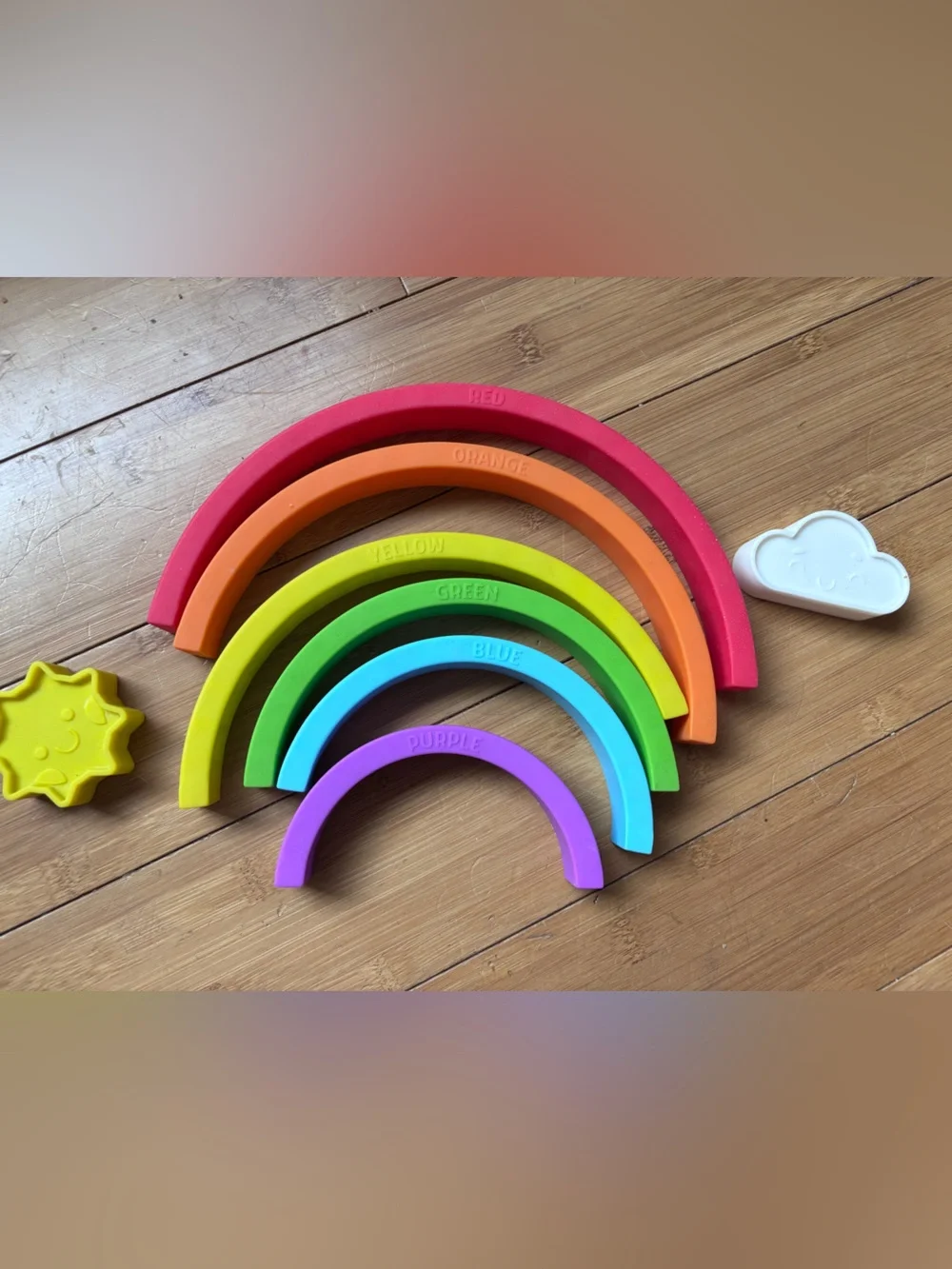 Rainbow Stacking Toy - Colorful Sunset Arch with Sun & Cloud. Silicon feel.
